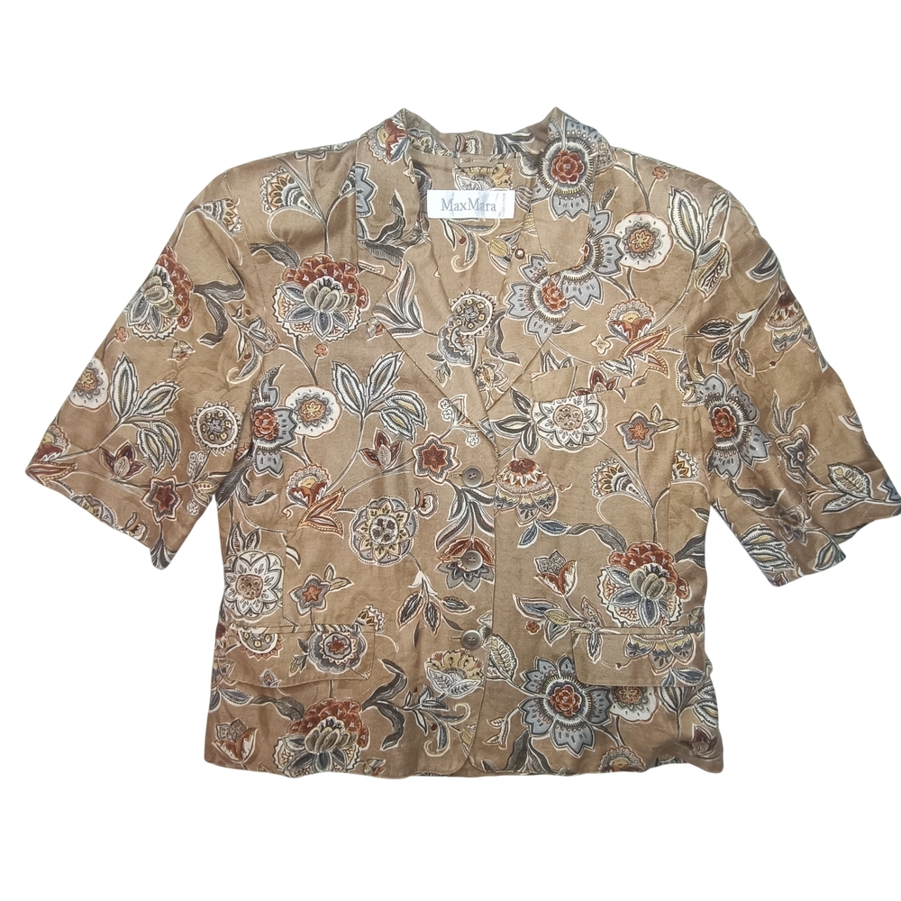 VTG Max Mara Floral Jacquard Short Sleeve Blazer Jacket - Size 10 - Linen Cotton